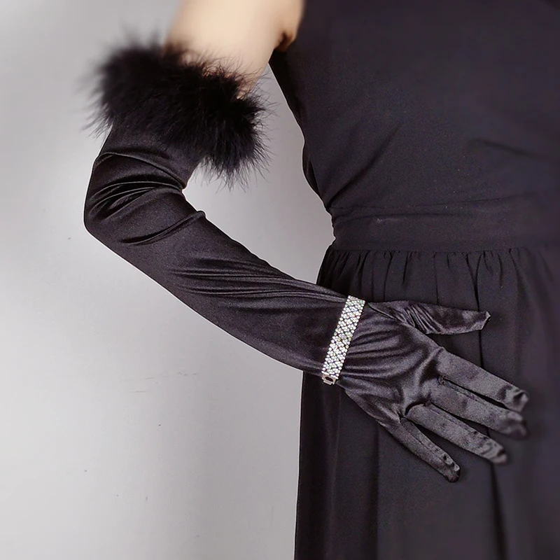 Retro Satin Black Feather Lace Gloves Women\'s Summer Long Elbow Wedding Dress Elastic Etiquette Full Finger Sunscreen Mitten S96