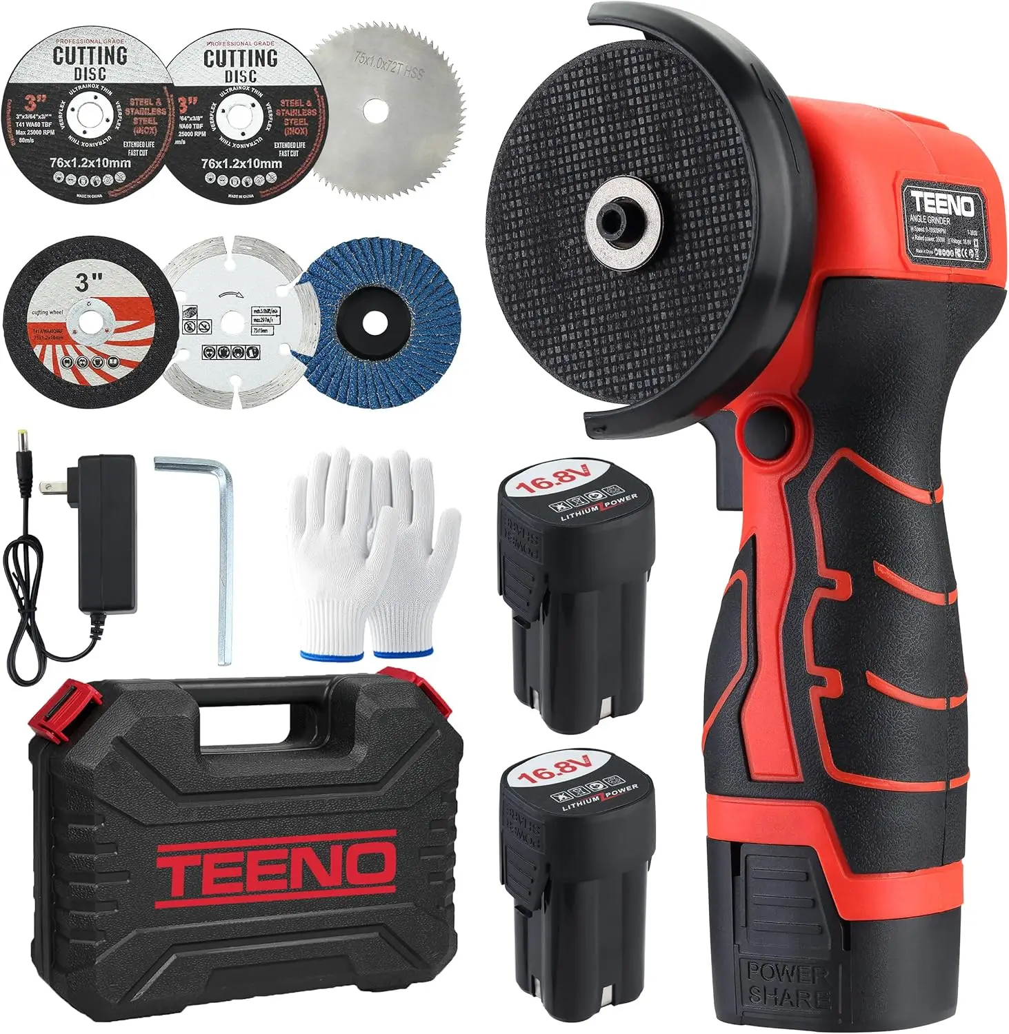 

16.8V Cordless Angle Grinder Kit, 19,500 RPM, 2x 2000mAh Batteries, 6 Cutting Discs for Metal & Wood