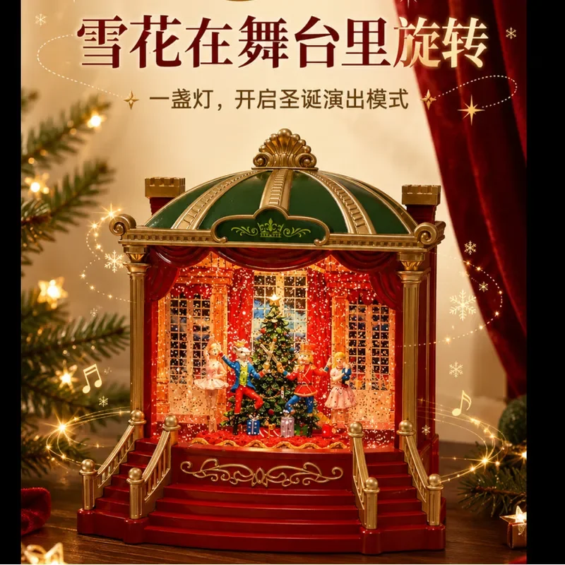 Christmas Snow Globe Music Box with Glowing Nutcracker Decorative Ornament for Window Theater Stage Atmosphere Scene Cabin