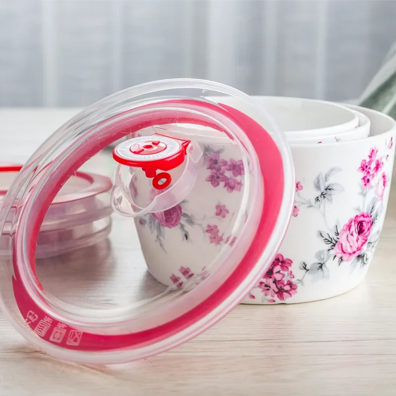 セラミックフレッシュボウル3個セットフレッシュフードボックス弁当箱蓋付きランチボックスボウル付き電子レンジで使用可能ボウルツイード