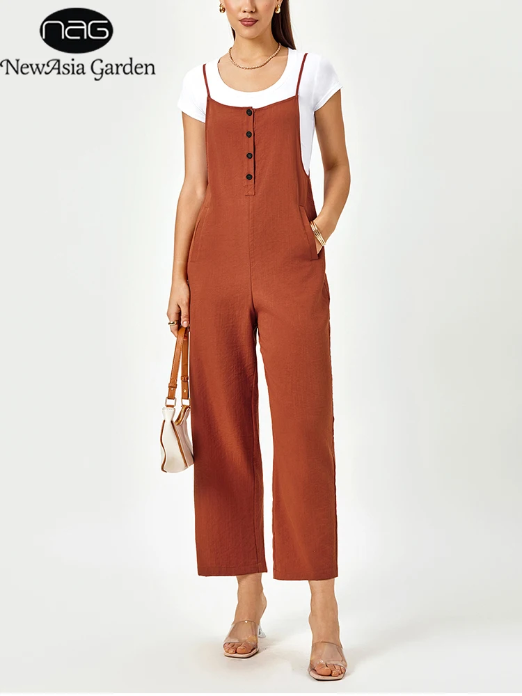 

NewAsia Vintage Linen Blend Wide Leg Jumpsuit for Women Casual Sleeveless Suspender Overalls with Buttons Pockets Streetwear