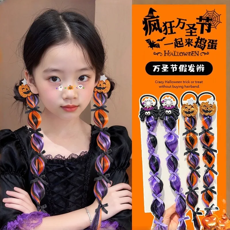 Halloween Costume Wig Braid with Bubble Ponytail for Girls Pumpkin Bow Hair Accessory Trick or Treat Party Hairstyle New Design