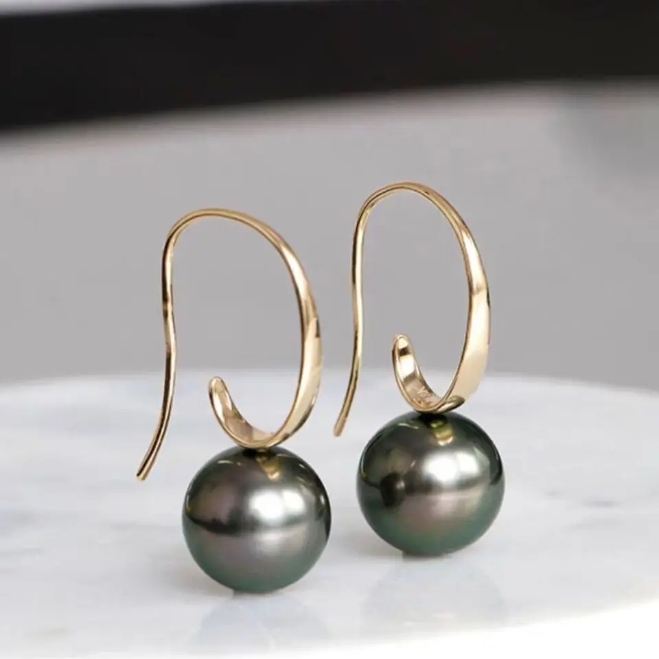 Natural AAA 9-10mm south sea black Tahitian Pearl earrings 14K Yellow Gold Over