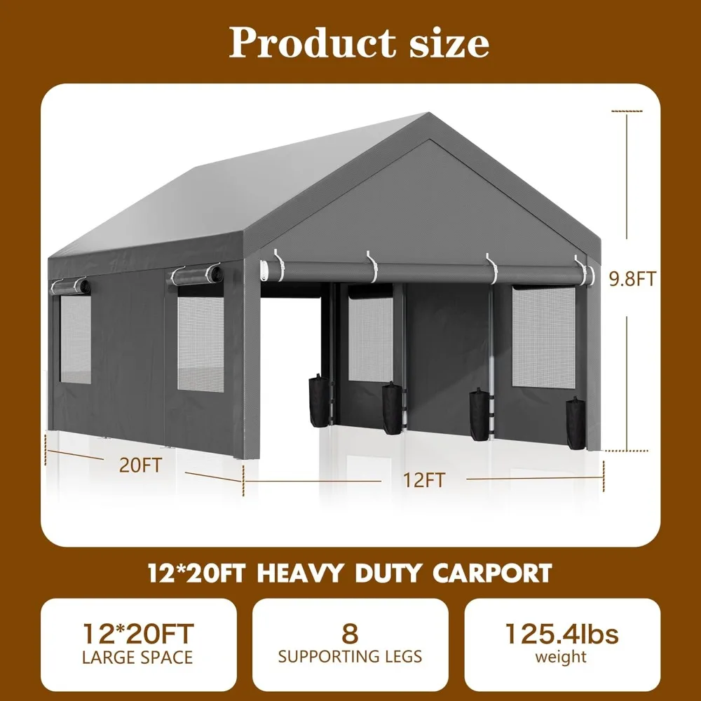 

carport, 12x20 ft heavy duty carport canopy with roll-up windows, portable garage with removable sidewalls & doors, car canopy
