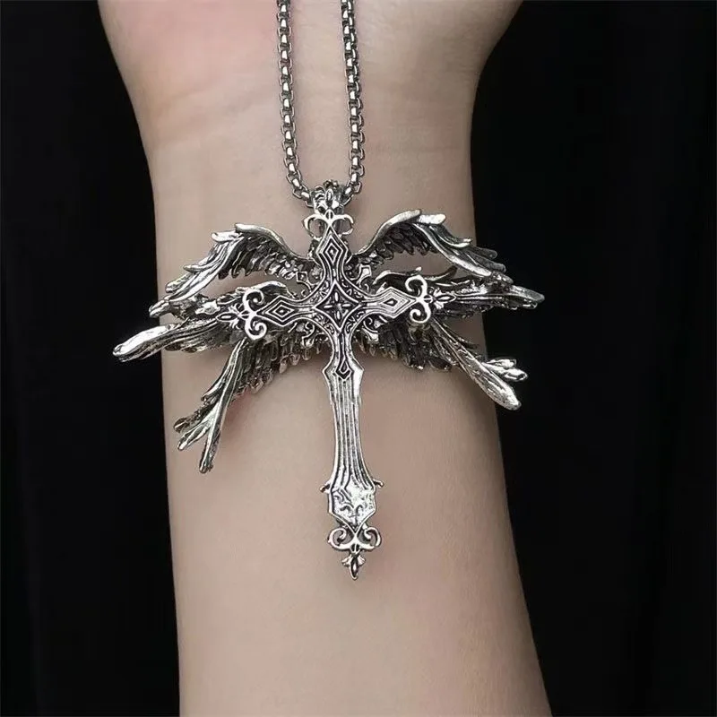 Hot New Fashion Retro Seraph Cross Men's Necklace Exaggerated Fashion Pendant Accessories