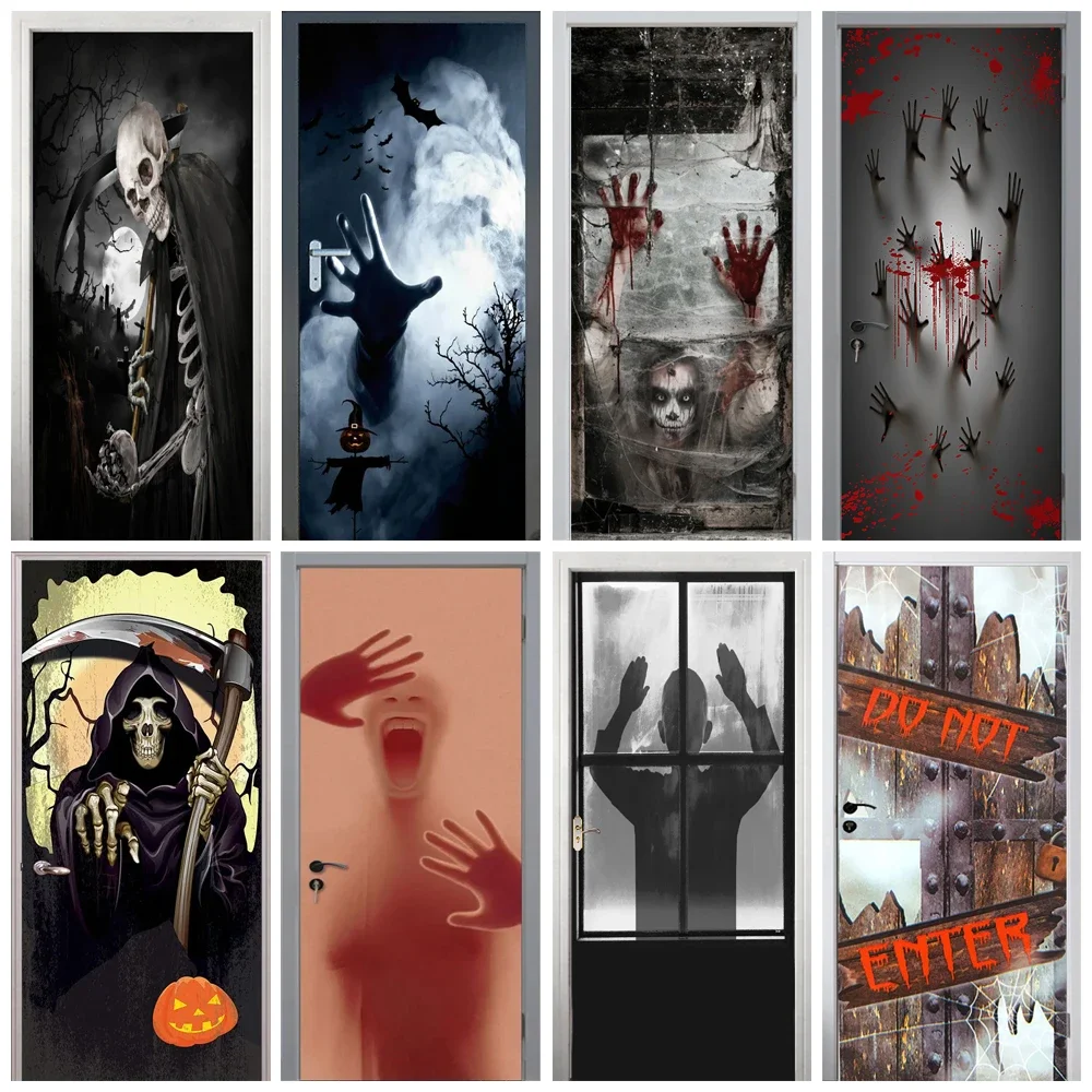 Halloween Horror Ghost Door Sticker Removable PVC Waterproof Door Sticker Living Room Home Decoration Lifelike Bloody Hand Mural