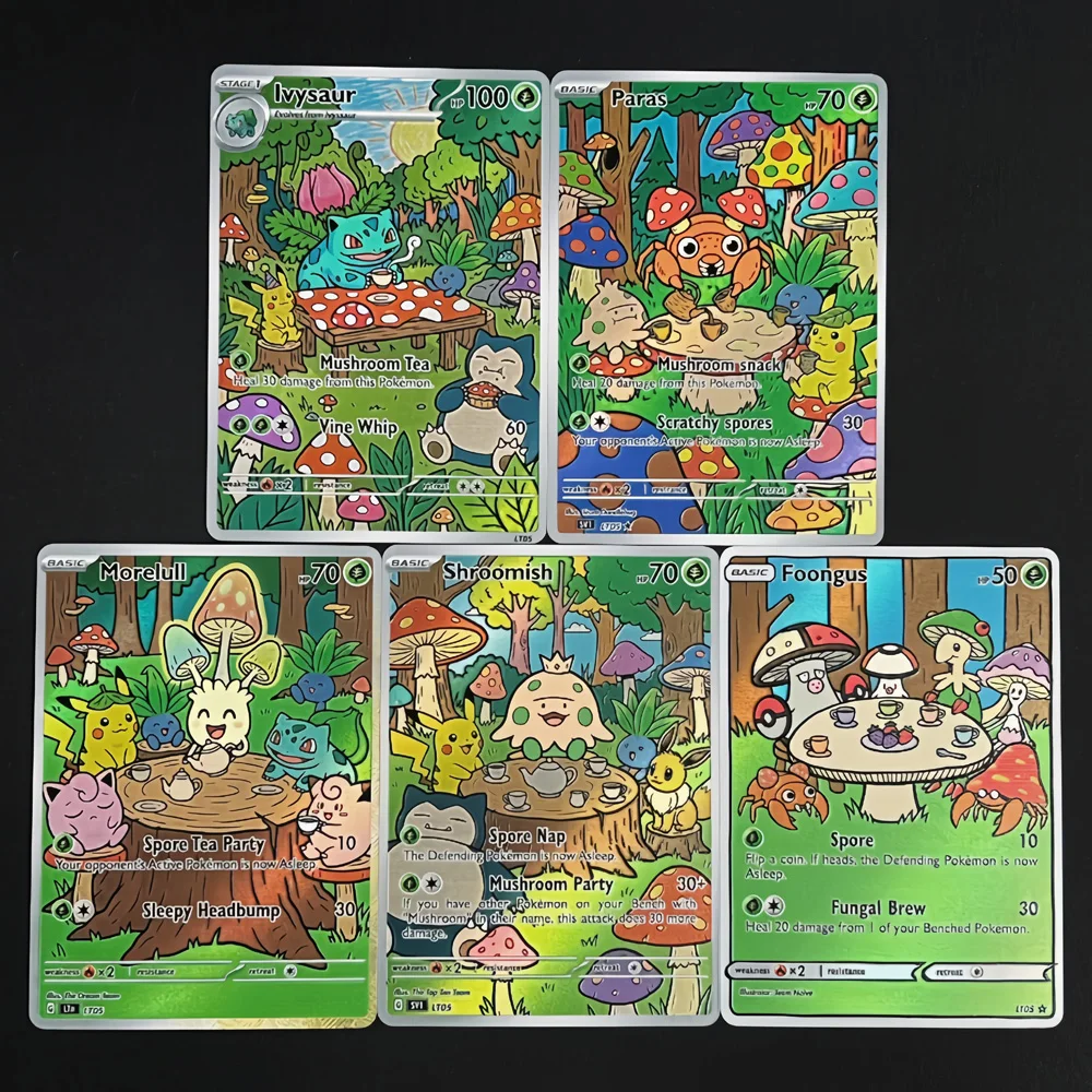 5-cartas-pokemon-ptcg-estilo-pintura-a-Oleo-lvysaur-paras-morelull-foongus-shroomish-colecao-de-cartas-pokemon-presente-pokemon