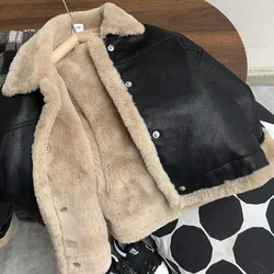 Jackets Boys Leather Clothing New Winter Plush Thickening Handsome Children Clothing Loose Coat Jacket Black 2024 Cool
