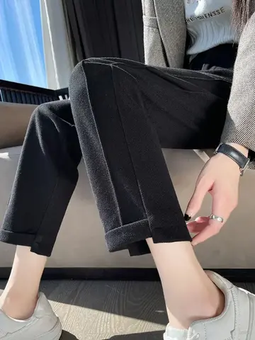 Varma, förtjockade, beskurna byxor 2025 Höst/vinter Nya dambyxor Lösa, avslappnade fiskbensbyxor med hög midja, raka tweedbyxor 10 best sales tweedbyxor - №3