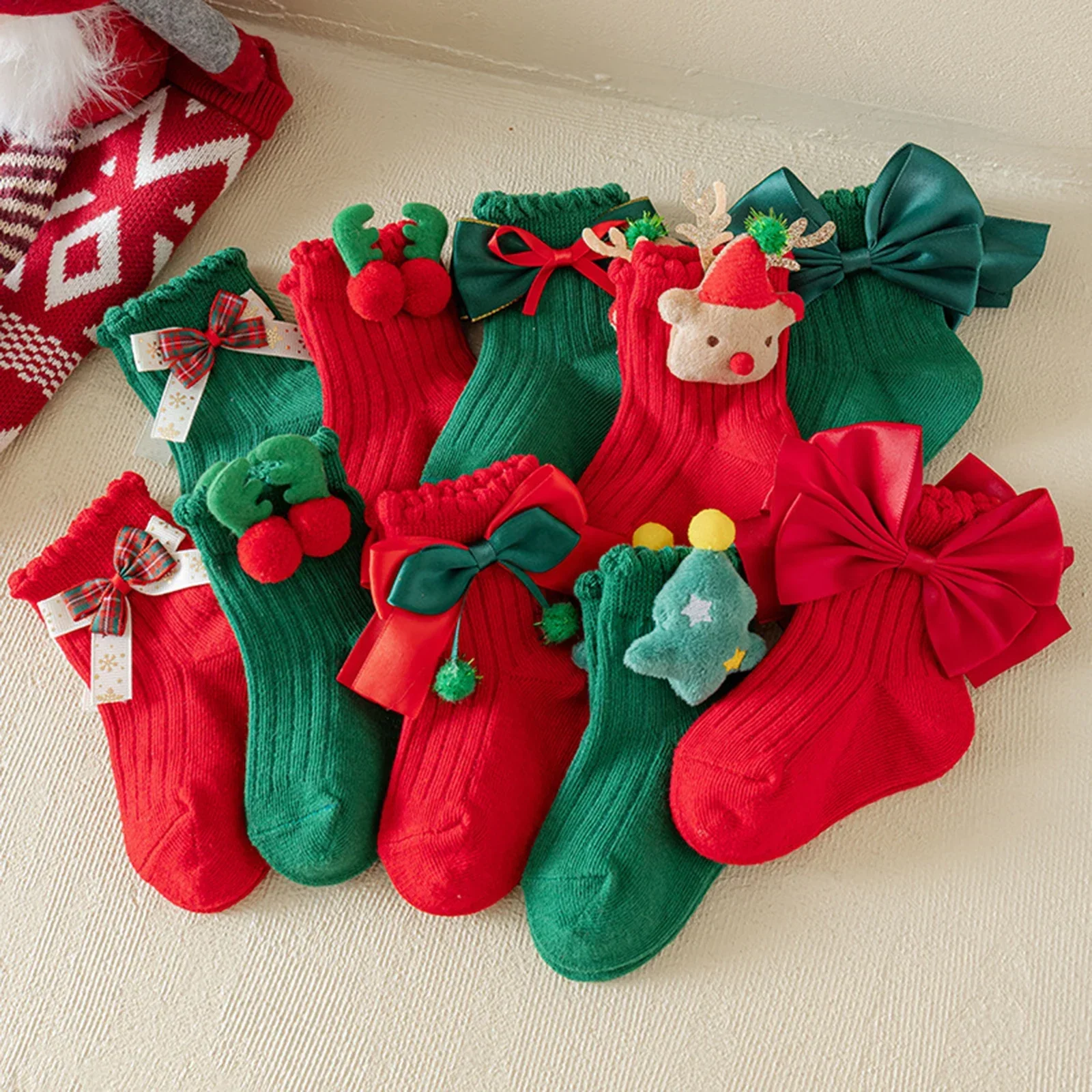 Kids Baby Girls Christmas Socks Cute 3D Antler Bow Tree Crew Socks Soft Breathable Cotton Socks New Year Gift for 1-8Years