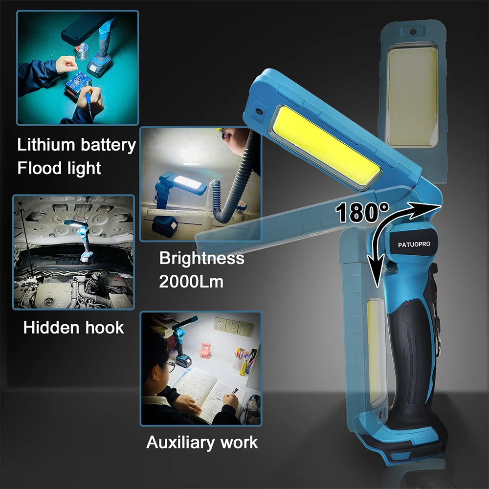 PATUOPRO Cordless LED Flashlight  Adjustable Outdoor Handheld Rechargeable Work Light Compatible Makita 18V Battery(No Battery)