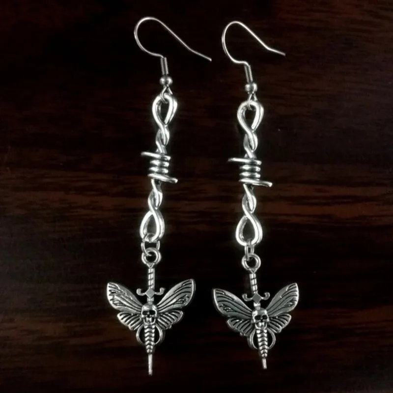 Skull Moth earring,Gothic jewelry,Vintage,skull sword,witch,accessory,pagan,barbed wire,mystery,insect,punk,ear hook For Women