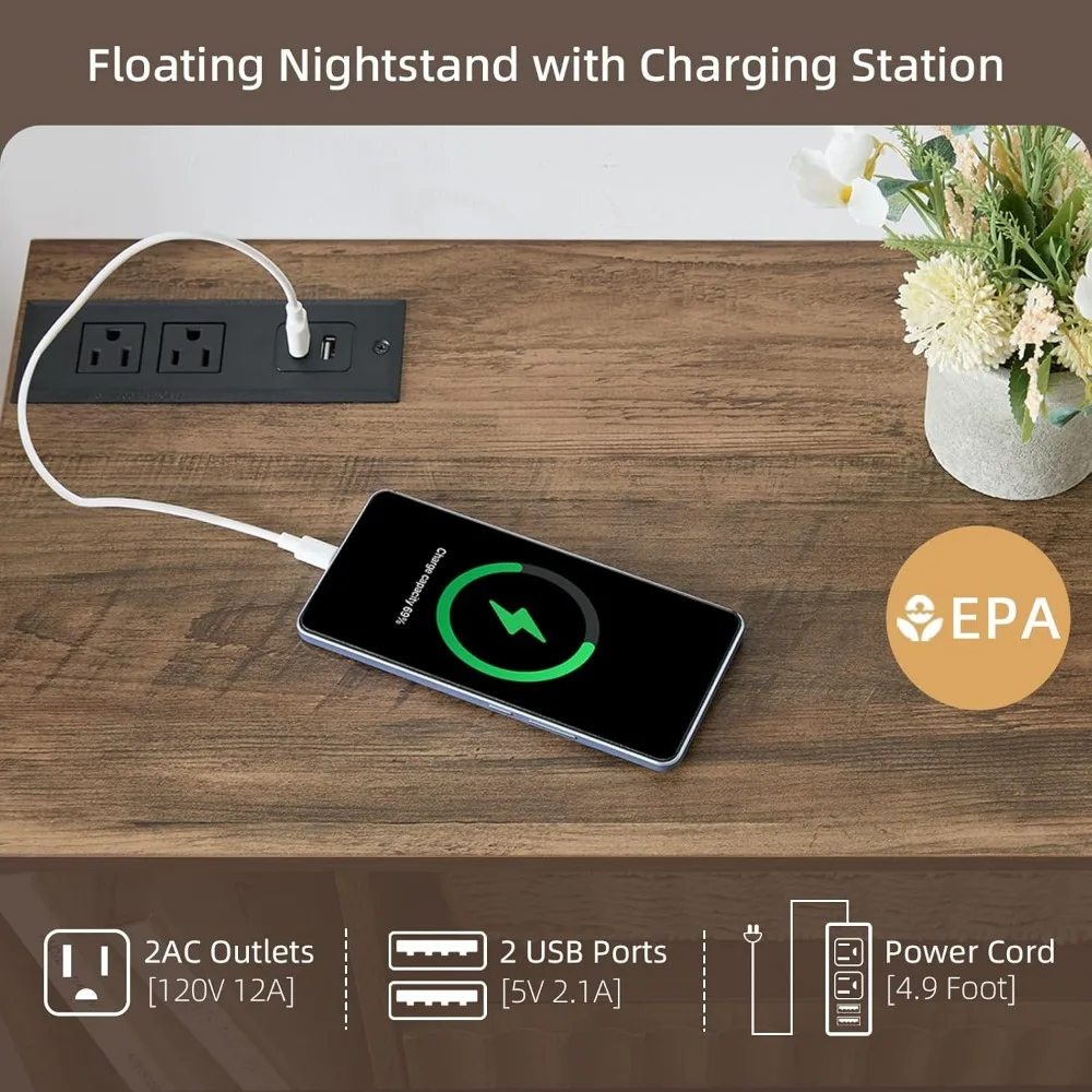Mesita de noche moderna rústica marrón con cajón, puertos y tomas de carga USB: juego de 2 mesitas de noche flotantes para vivir moderno