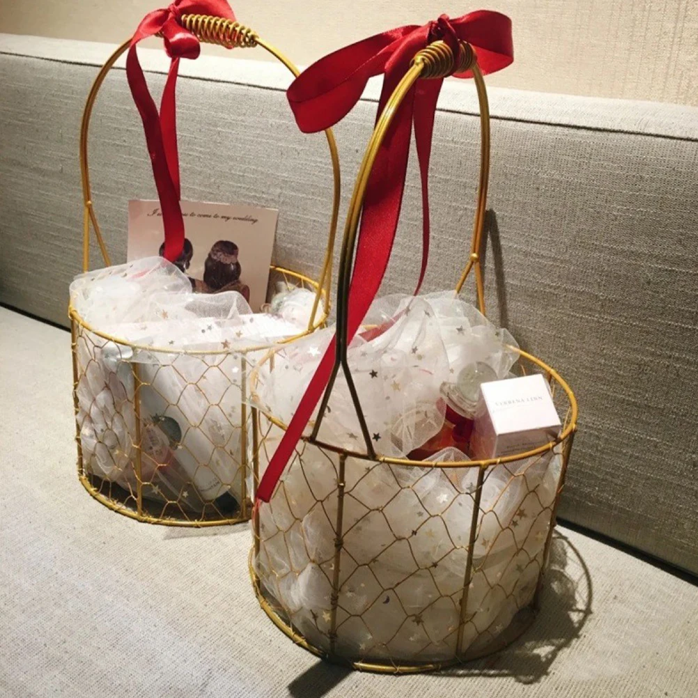 

Wrought Iron Storage Baskets Round Decorative Wedding Flower Girl Metal Wire Fruits Baskets Large Home ganization Solutions