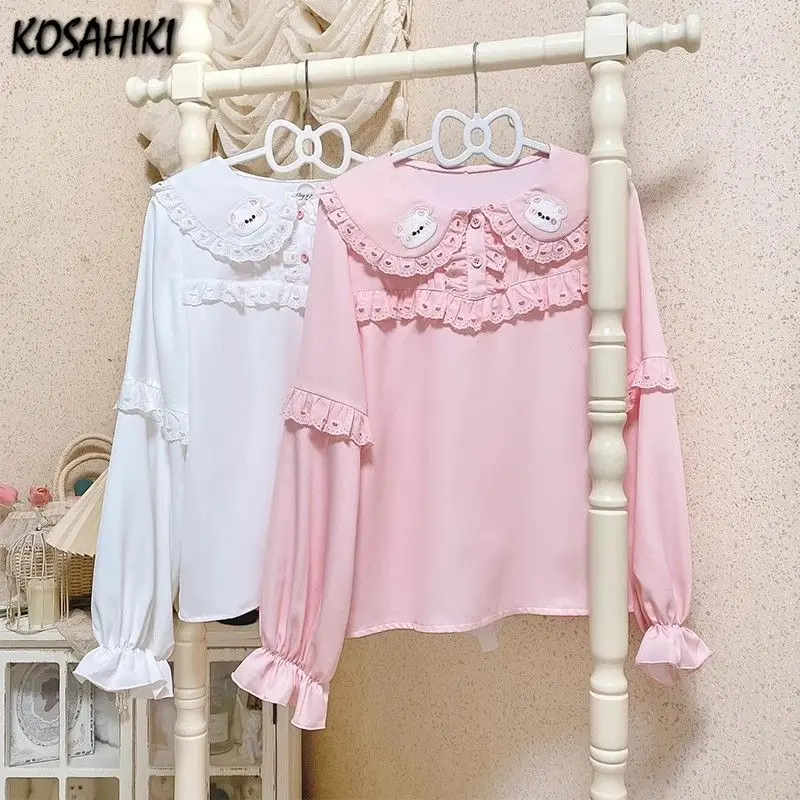 Japanese Kawaii Girl Sweet Cute Lolita Shirt Women JK Loose Button Blusas Femme Y2k Aesthetic Cartoon Embroidery Blouse Tops