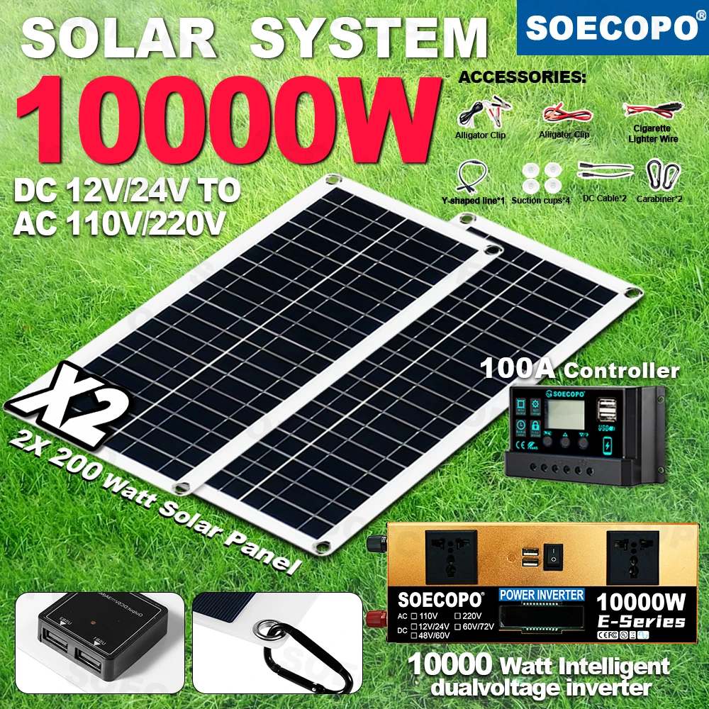 

10000W Peak Solar System Kit 12V To 110V 220V Dual Voltage Inverter Generator 2x200W Panel 100A Controller for light car Picnic