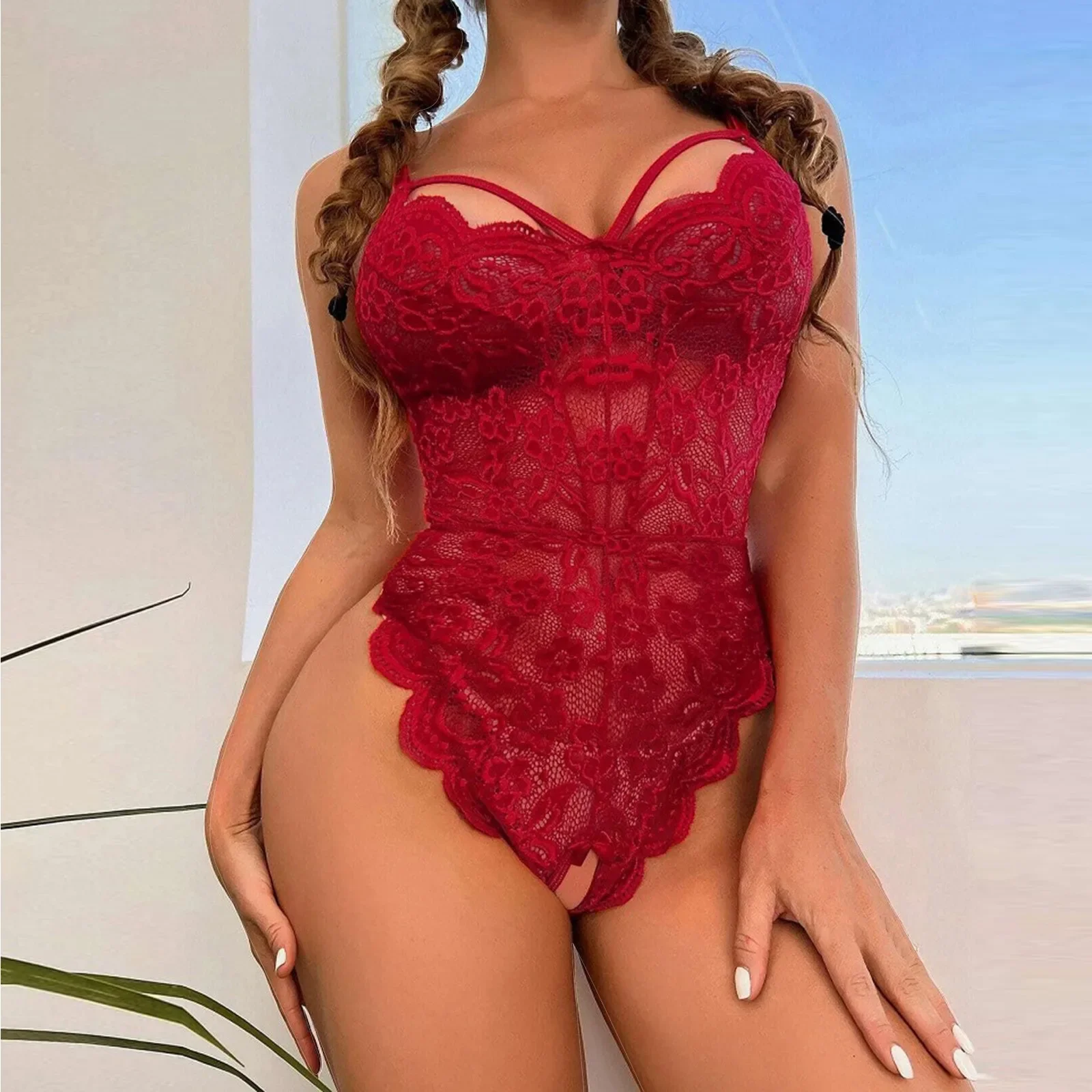 

Sexy Plus Size Women Lingerie Open Teddy Halter Lace Transparent Erotic Lingerie Bodysuit Pajamas Erotic Exotic Clothing