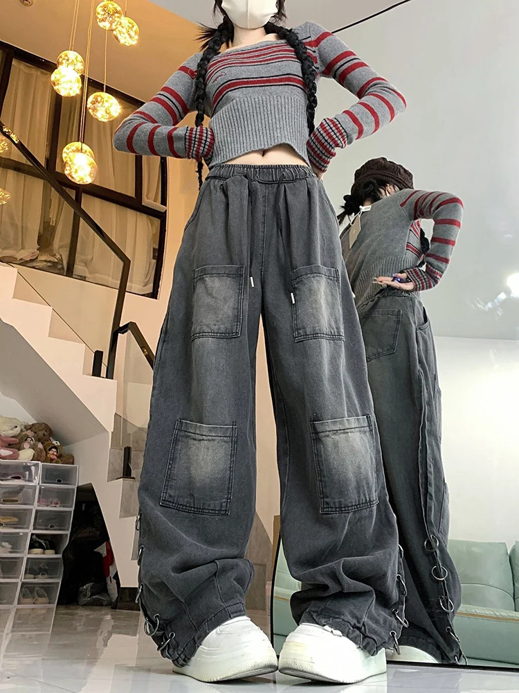 Jean à jambes larges pour femmes, style américain rétro, ample, mode cargo, taille extensible, cordon de serrage