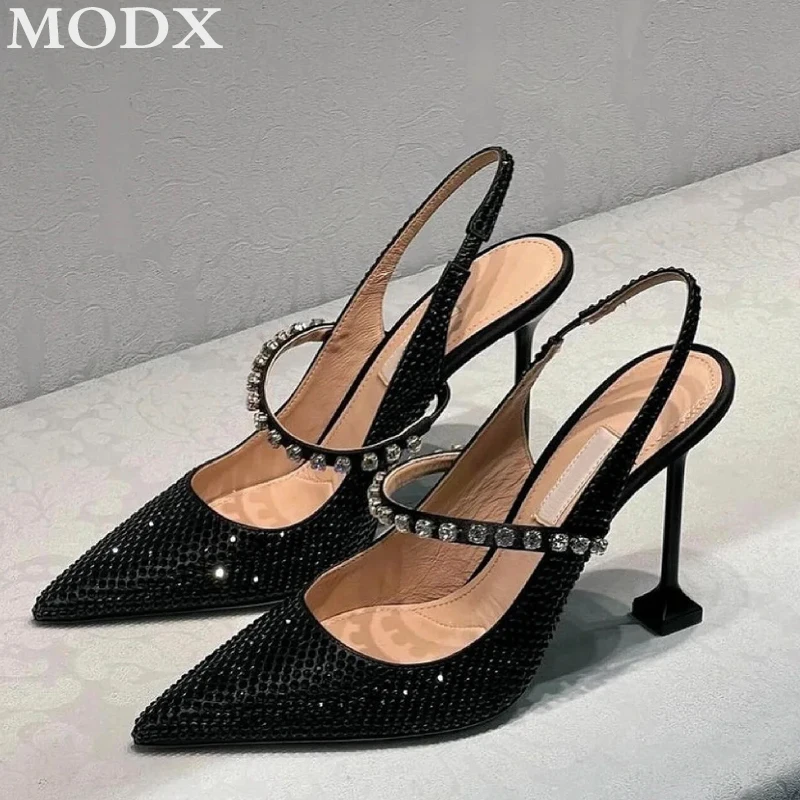 Crystal Satin Pointed Toe Stiletto Heels Women Luxury Brand Rhinestone Decor Gladiator Sandals Fashion Dress Wedding Pumps Shoes