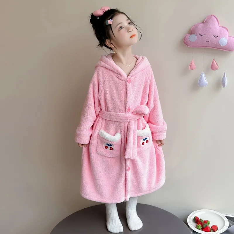 Coral Fleece Children's Nightgown, Baby Wearable Bath Towel, Hooded Pajamas, Girls' Autumn and Winter Flannel Girls' Bathrobe