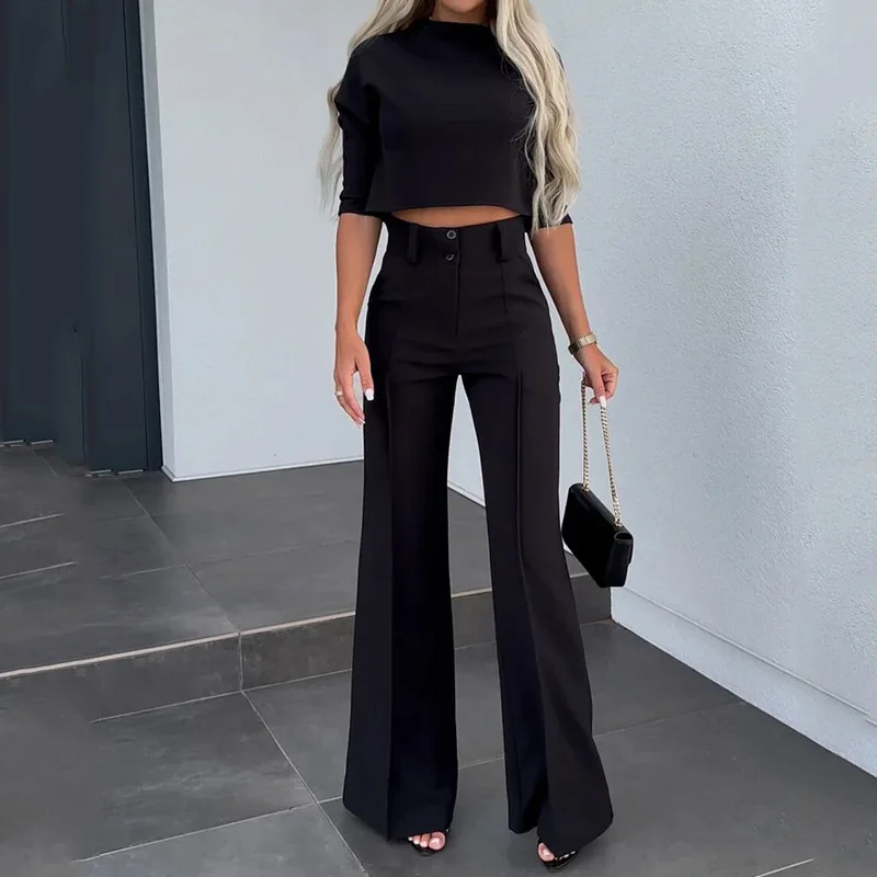 2023 Women Korean Solid Short Tops Two Piece Sets Simple Round Neck Loose Straight Long Pants Set High Waist Ladies Autumn