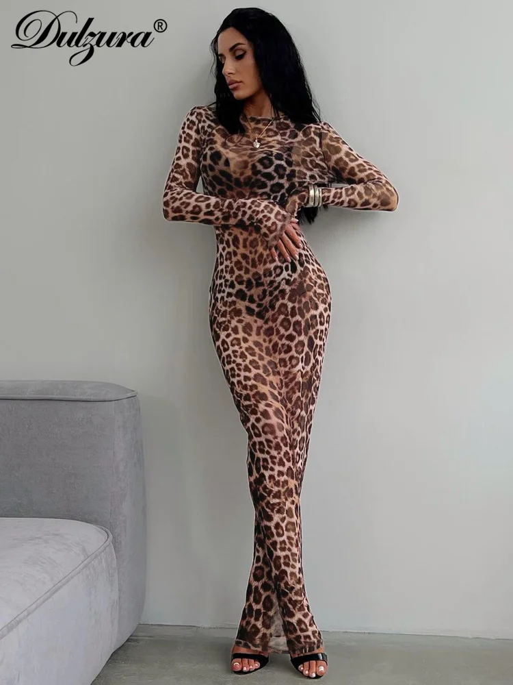 Dulzura 2024 seksowne elegancka sukienka Maxi z nadrukiem lamparta obcisła sukienka z długim rękawem damskie ubrania do klubu na imprezę Streetwear