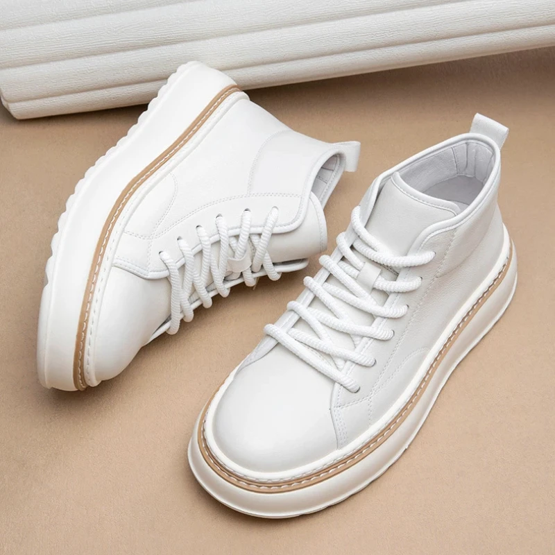 2025 Winter New Men's High Top Work Boots, European Style White Platform Casual Shoes, Genuine Leather Chunky Sole Skate Shoes - Image 4