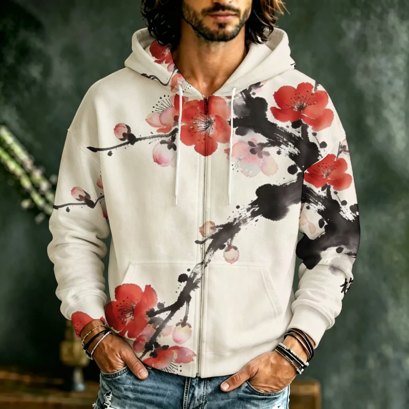 Men Full Zip Hoodie Fashion 3D Art Print Long Sleeve Drawstring Hooded Sweatshirt With Pockets Casual Daily Holiday Street Outer