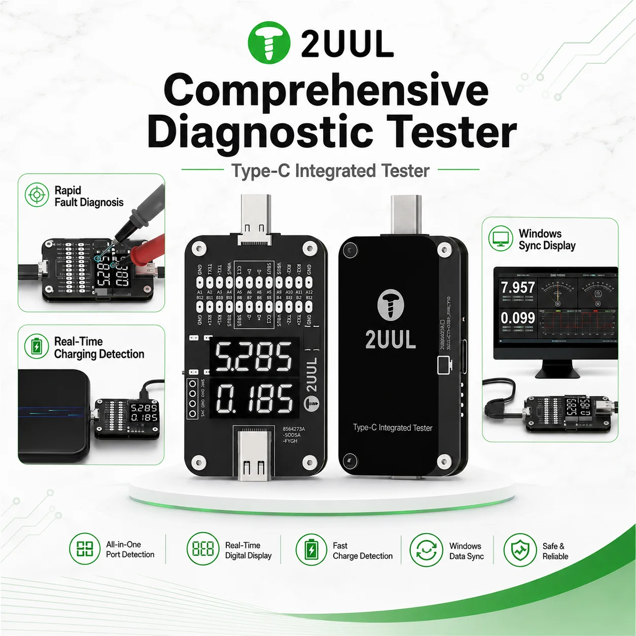 2UUL PW32 Type-C Comprehensive Diagnostic Tester USB-C Port Fault Locator Real-Time Charging Voltage Current Phone Repair Tool
