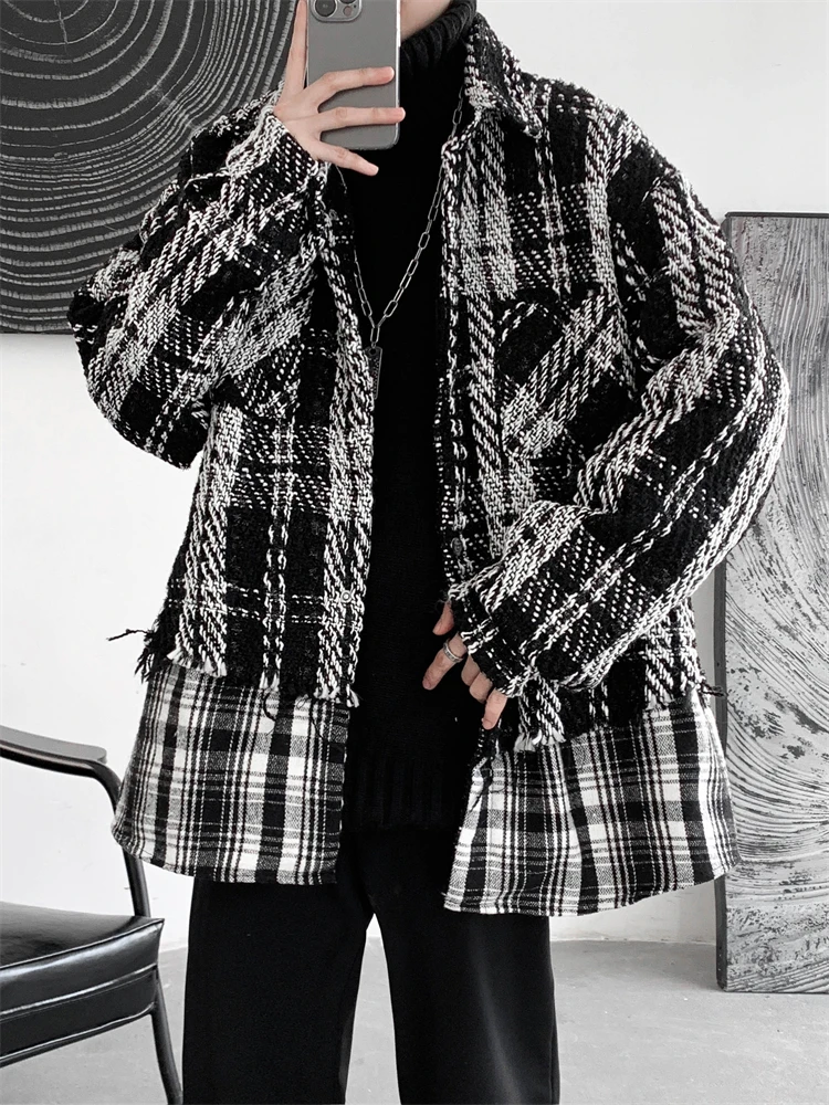 Casual Plaid Knitted Jacket for Men Trendy Brand Ins Design Sense Small Audience Outerwear Long Sleeve Loose Fit Autumn Winter