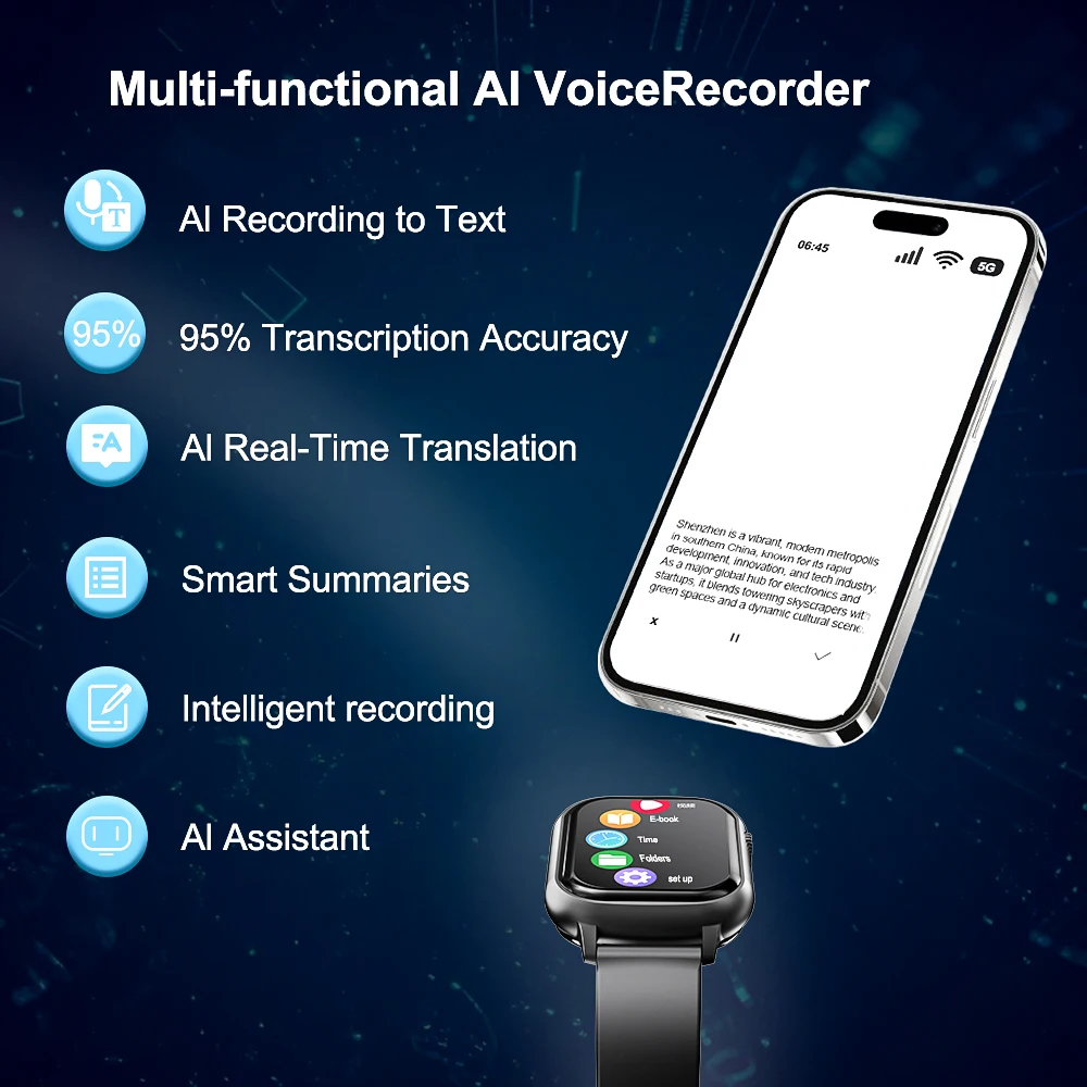 Vandlion V82 AI 음성 활성화 오디오 레코더 시계 2.01인치 화면 녹음기 전자책 HIFI 음악 플레이어 스마트 손목시계