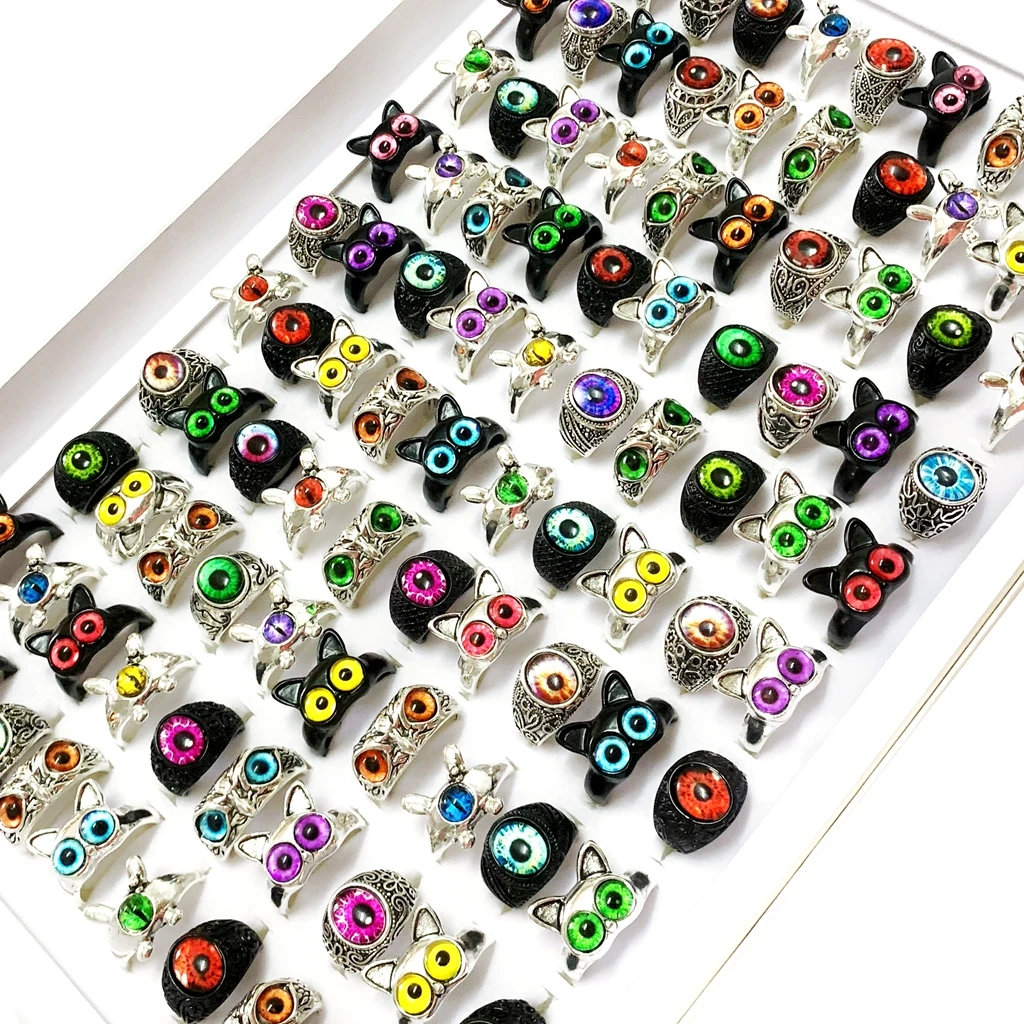 القوطية الحيوان Vintage خواتم للنساء ، معدن مطلي ، حجر ملون ، القط ، البومة ، عين الشر ، مجوهرات الطرف ، مزيج نمط ، لطيف ، 12 قطعة ، مجموعة #4