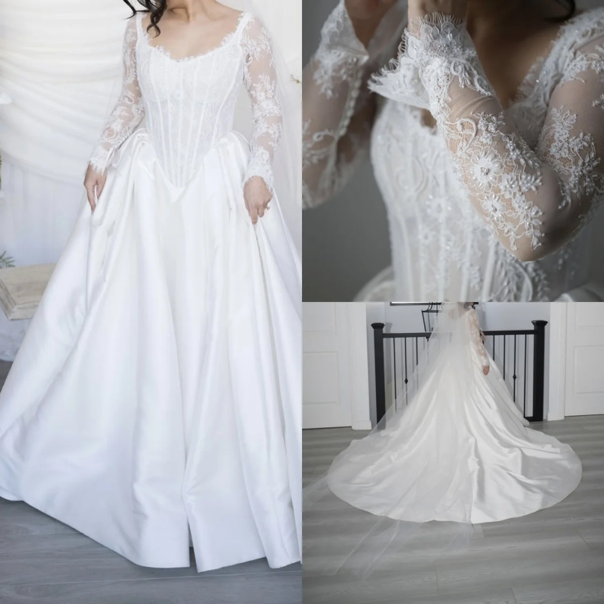 

Индивидуальное свадебное платье 2026 года: элегантное белое, из атласа, с V-образным вырезом, длинными рукавами, кружевной сеткой и декоративной юбкой с жемчугом (Vestido De Novia)