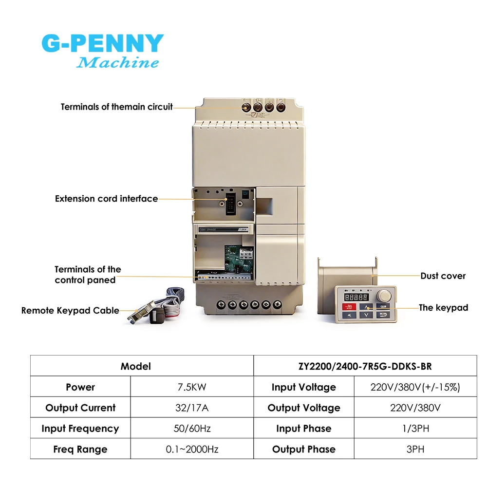 G-Penny 7.5KW Vector Frequency Inverter 220V/380V 0-1000Hz VFD 3 Phase Variable Frequency Drive for Spindle Motor Pump Fan