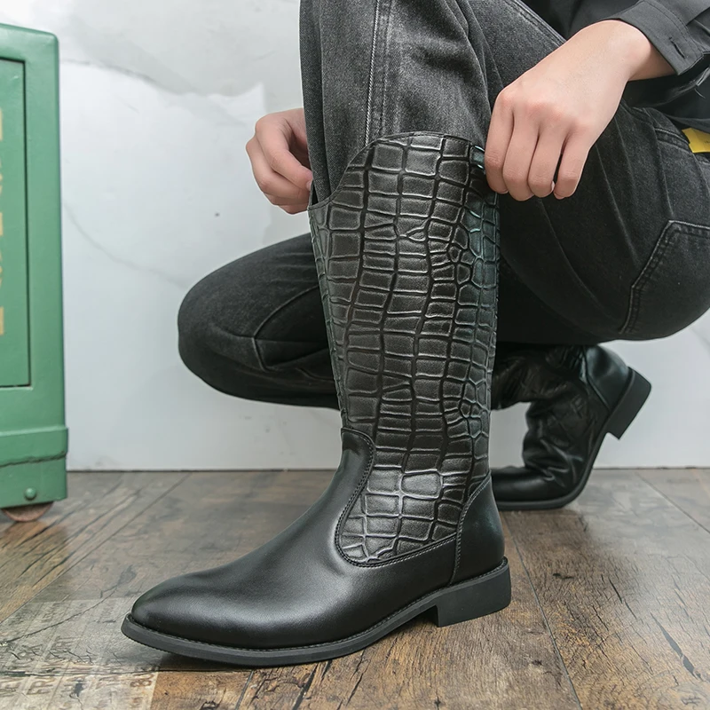 

Fashion High Top Men's Outdoor Travel Boots Western Cowboy Retro Style Leather Boots Brand Comfort Side Zipper Motorcycle Boots