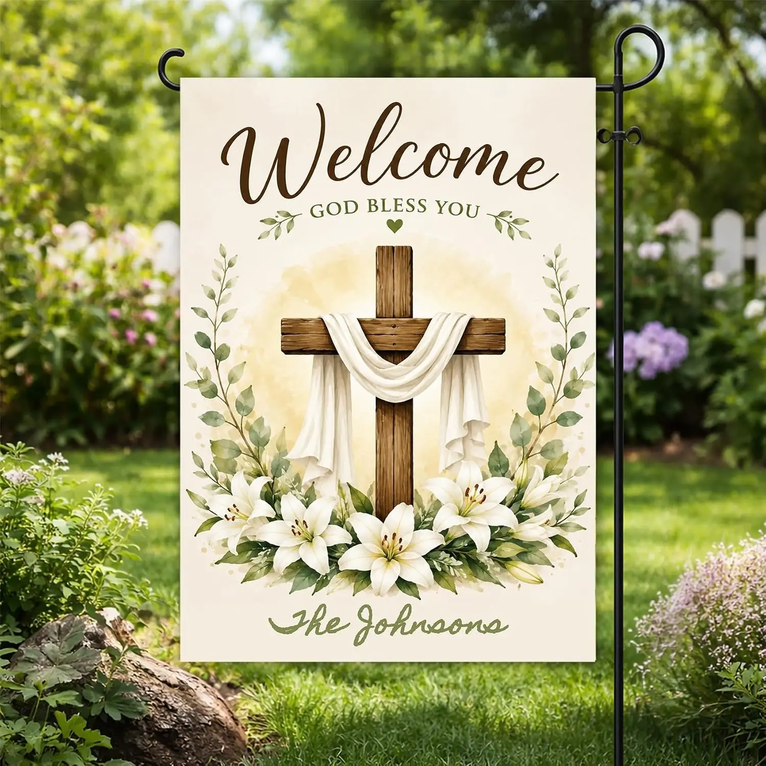 God Bless You Custom Cross Floral Garden Flag Double Sided, Personalized Family Name Yard Banner, Lily Flowers Weatherproof  kkz
