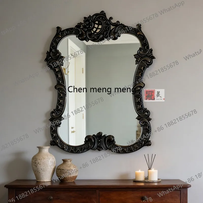 French Retro Black American Style Makeup Mirror Hanging European Style Fireplace Entrance Carved Decorative Mirror