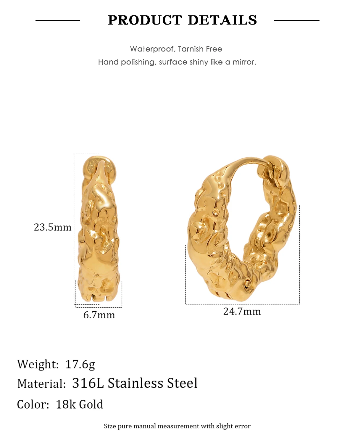 E.B.belle Minimalistische Creolen mit Hammer-Textur, hypoallergen, 18K vergoldeter Edelstahl, Damen-Modeschmuck – Detail 3