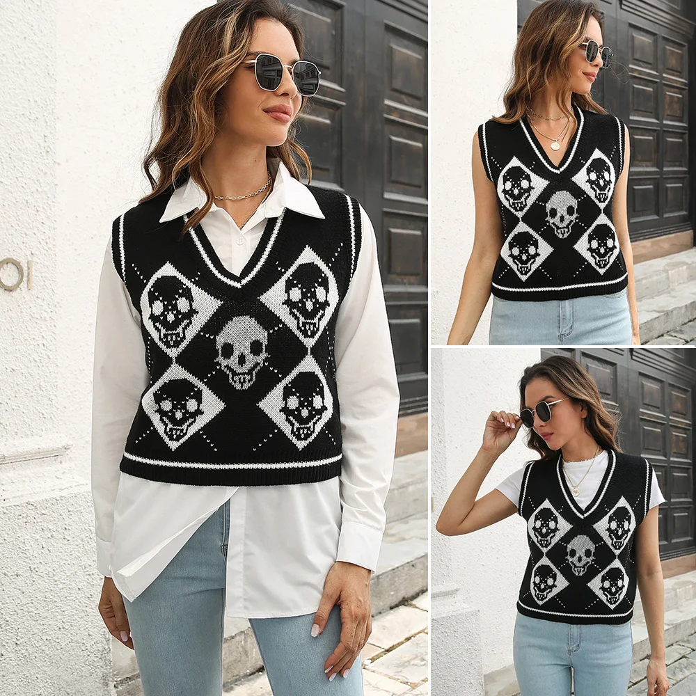 

Y2K Halloween skull jacquard rhombic vest sweater women's vest autumn and winter European and American sweaters new