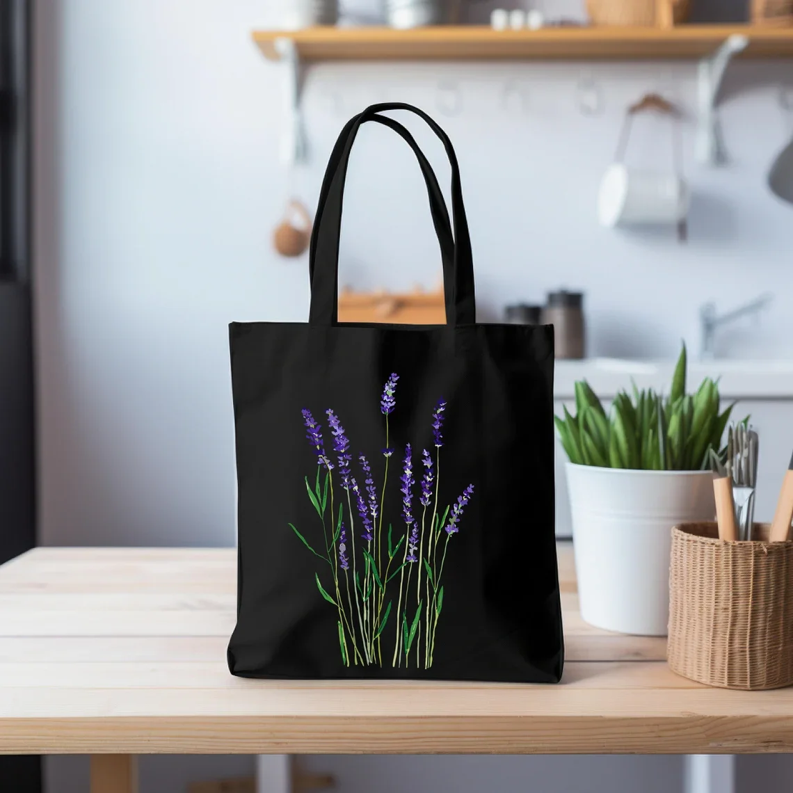 Purple Lavender Flower  Canvas Tote Bag - Aesthetic Floral Print Eco-Friendly Reusable Cotton Shopper Handbag for Women