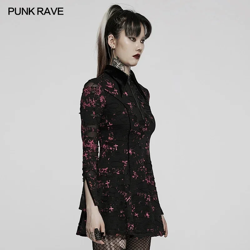 PUNK RAVE abito stampato gotico elastico strappato lavorato a maglia Goth abbigliamento donna colletto a punta coulisse regolare il Design del