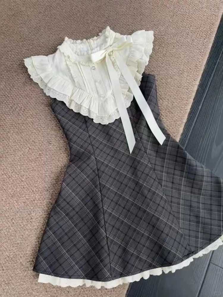 프랑스 빈티지 슬림 레이스 격자 무늬 드레스 여성 우아한 패션 달콤한 보우 민소매 드레스 여름 하라주쿠 세련된 스키니 새 의상