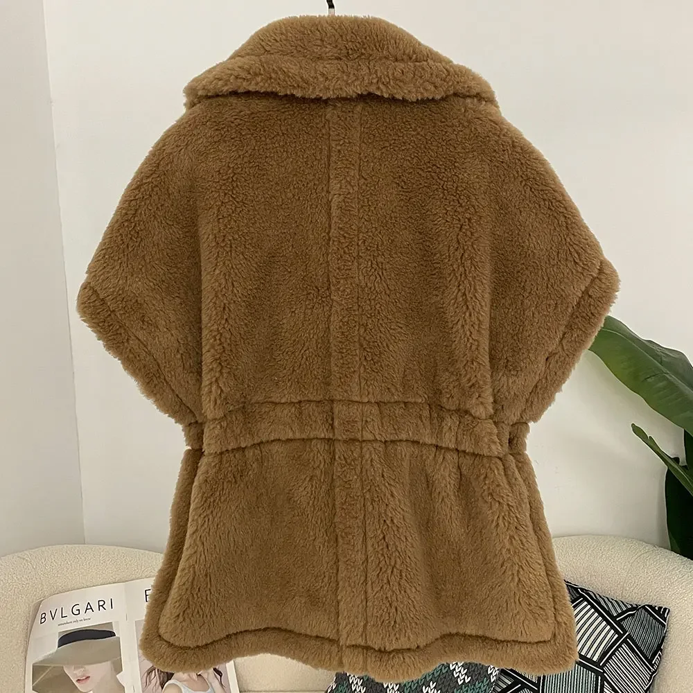 معطف الصوف حزام جلد 2025 تيدي سترة سيدة الشتاء الشارع الشهير تيدي بير جيليه الفراء سترة المرأة كبيرة الحجم أكمام الفراء صدرية #5