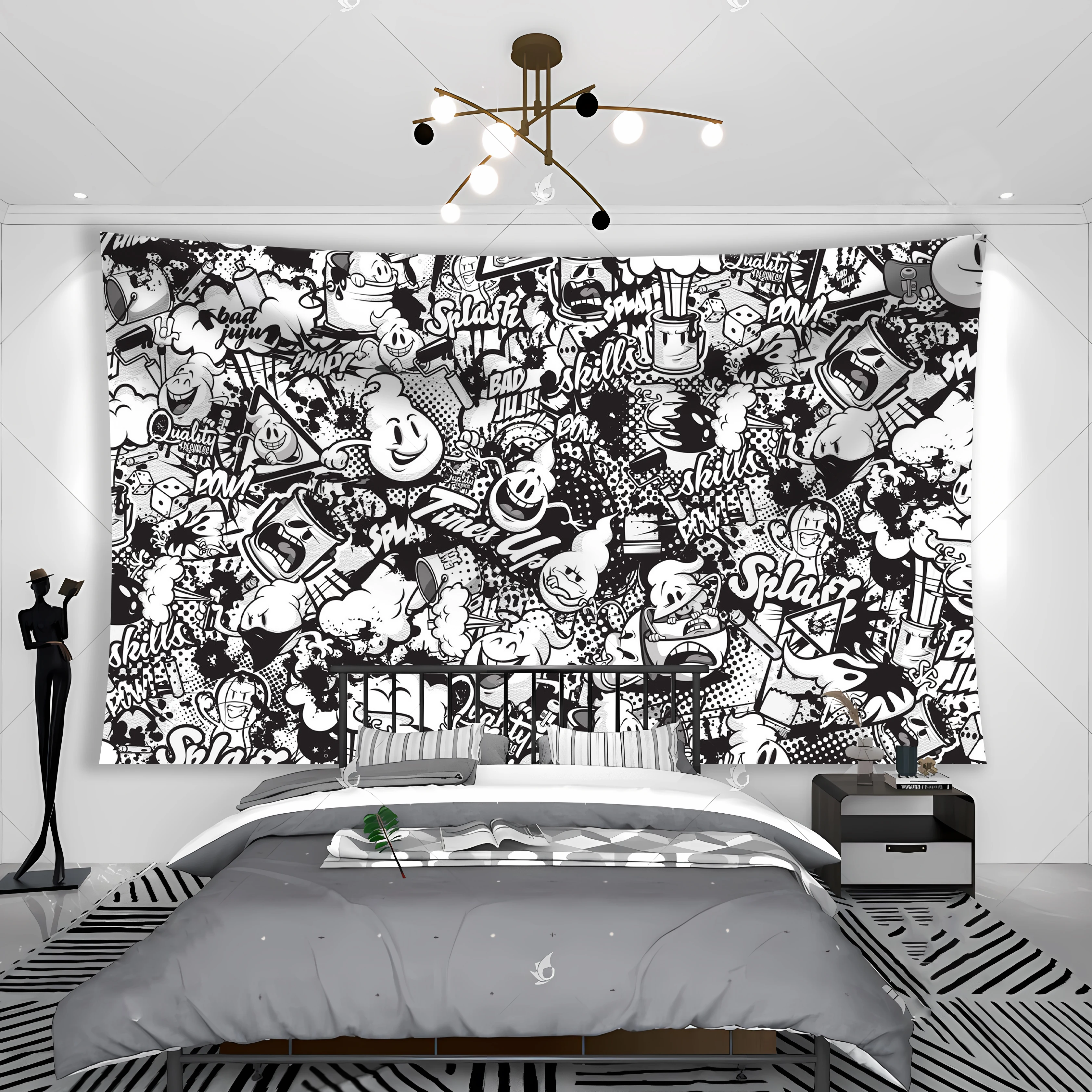 Funny Graffiti Black And White Tapestry Banner Flag Student Dormitory Garage Or Room Bedside Hanging