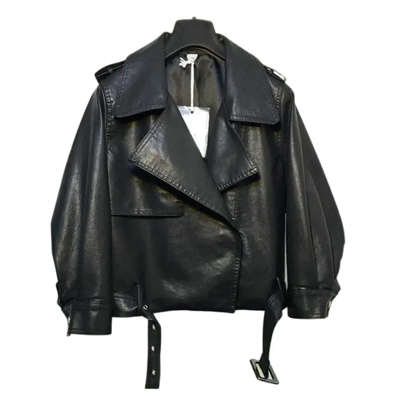 

UHYTGF Fashion Autumn Black Faux Leather Jackets Women Short Coats Zipper Basic Coat Turn-down Collar Biker Jacket With Belt 410