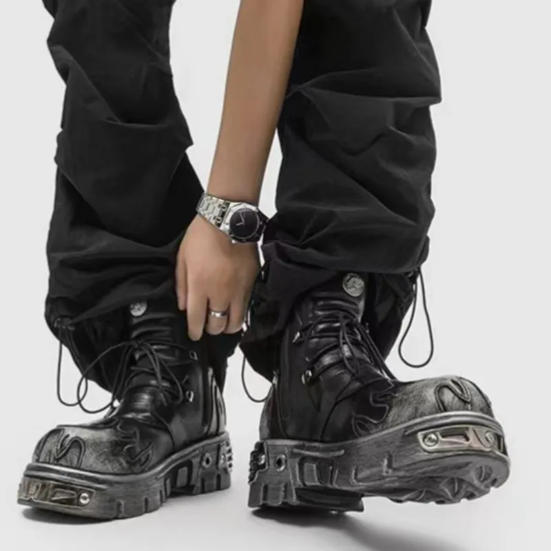 Black Cool Style Men's Boots Buckle Belt Round Head Thick Bottom Leather High Quality Men's Shoes 2026 High Top Leather Boots