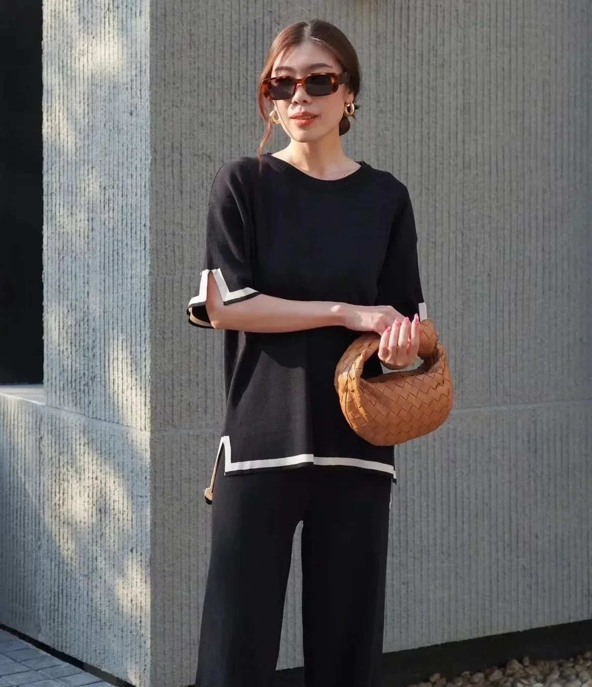 2024 Knitted Two Piece Sets Women Round Neck Full Sleeve Tops High Waist Loose Long Pants Set Autumn Splice Casual Outfit Suits