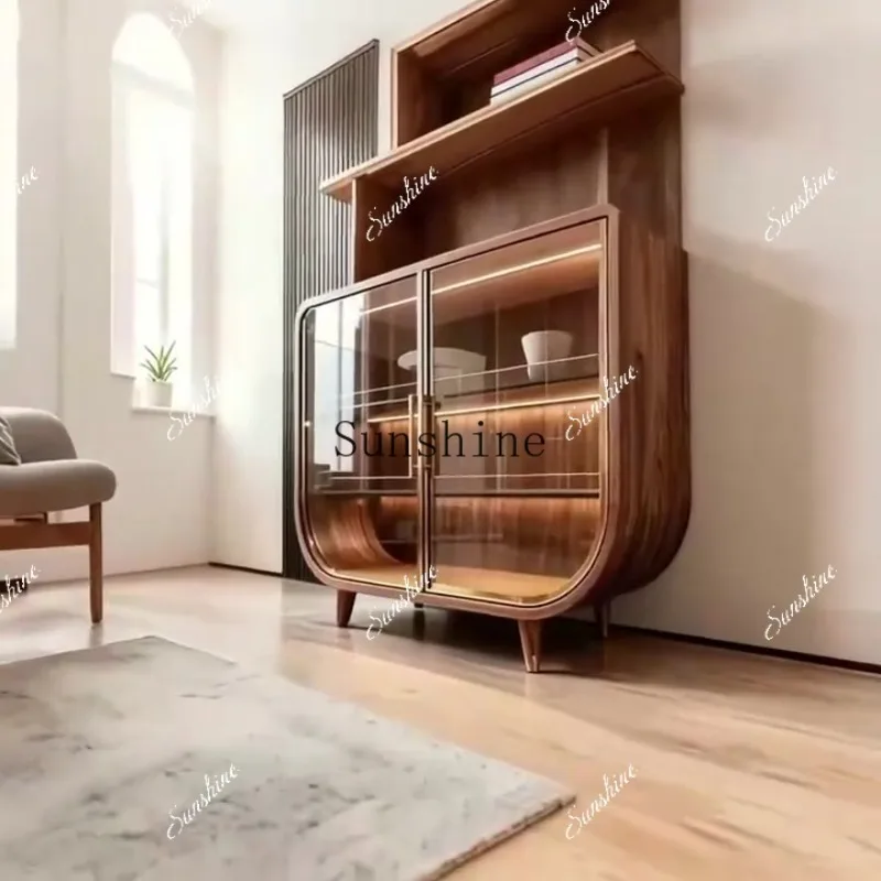 

Glass wine cabinet Italian minimalist solid wood double door display, living room storage and storage decorationH