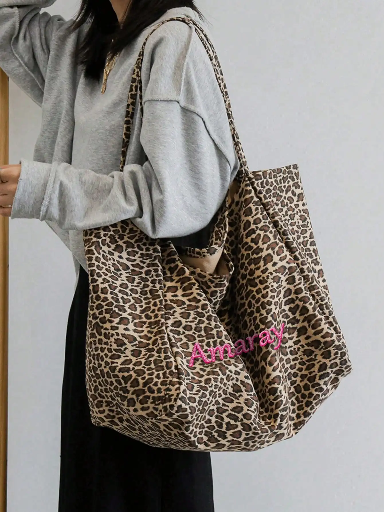 Custom Name Leopard Print Tote Bag Women Large Capacity Shoulder Bag Casual Shopping Handbag Personalized Embroidery Gift Her - view 2