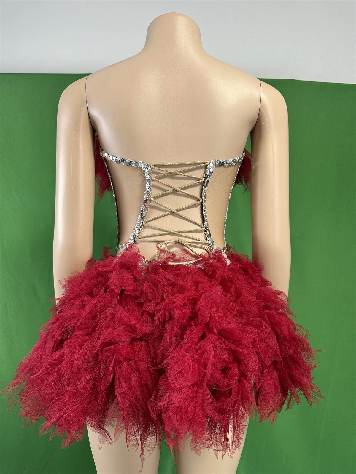 Wine Red 2 Pcs Set Tops And Skirts Women Drag Queen Outfits Rhinestone Ruffle Mesh Dressy Design Photoshoot Props Clubwear 2024